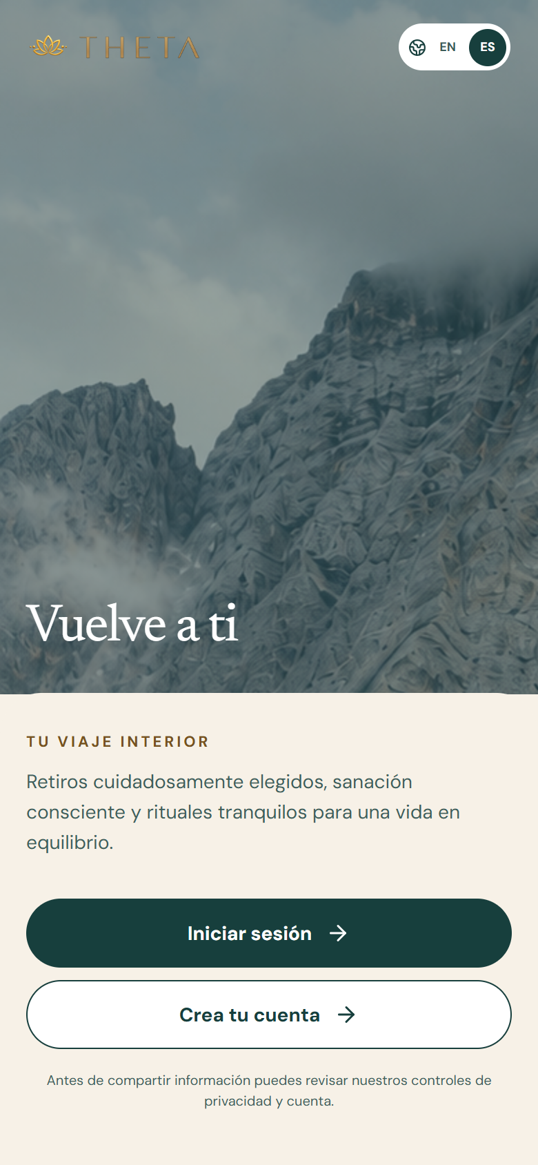 Pantalla de bienvenida de Theta en vista móvil