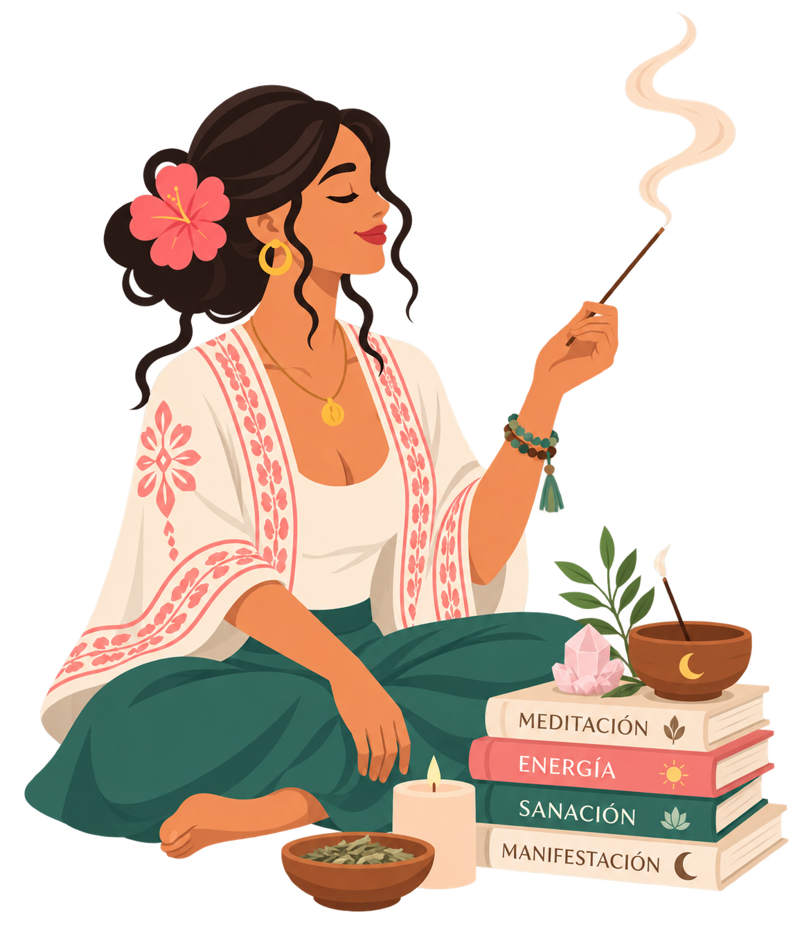 Mujer realizando un ritual de meditación con incienso y objetos de bienestar